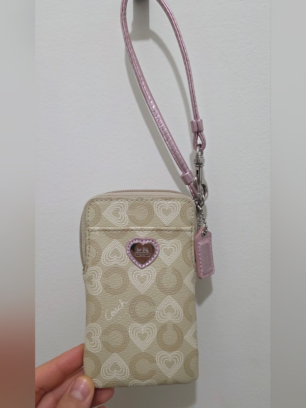 Coach Beige and Pink Heart Wristlet Phone Pouch